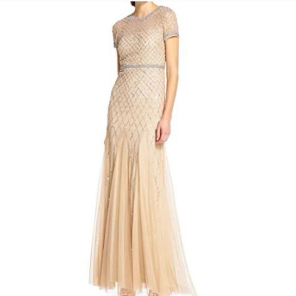 Adrianna Papell Cap Sleeve Beaded Mesh Gown in Champagne SIZE 4